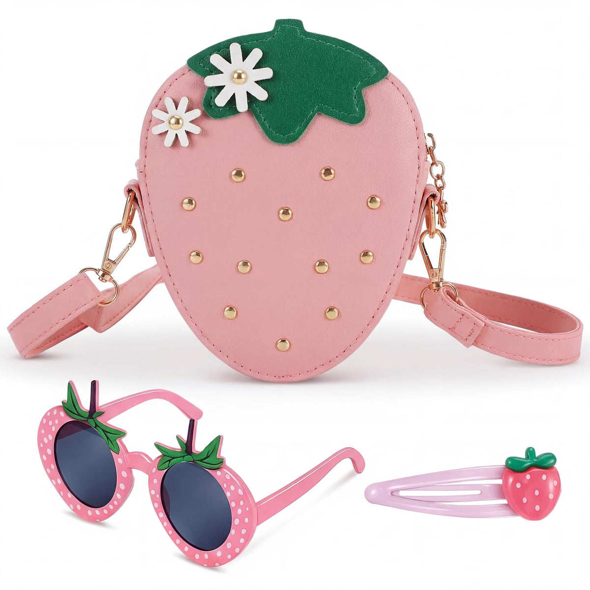 Halfchet 3 Pcs Strawberry Purse for Girls Strawberry Accessories Set Included Fruit Shaped with Rivets Sunglasses Hair Clip Birthday Gifts for Women Stuffs Fruit Accessories(Red)