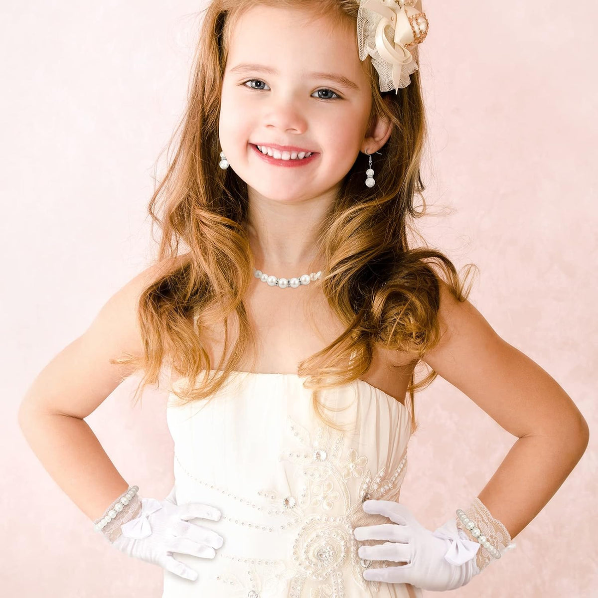 Newcotte 4 Pcs Little Girls Pearl Necklace Jewelry Set