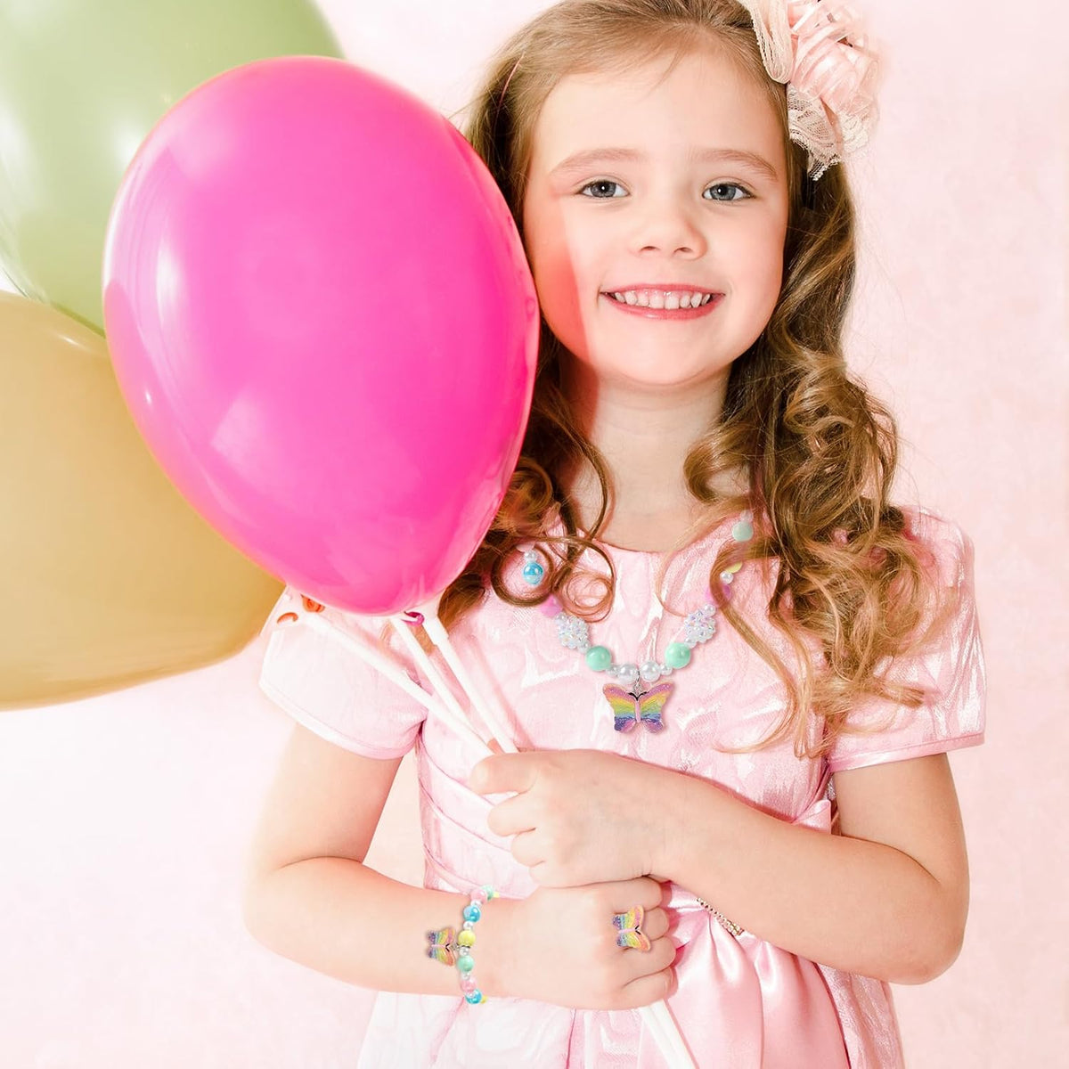 Girls Crystal Butterfly Jewelry Set - Toddler Butterfly Necklace Girls Pretend Plasy Toy Jewelry Set with Bead Necklace, Bracelet and Ring - Play Accessories - Ages 3+ Girl Birthday Gifts-Style 1