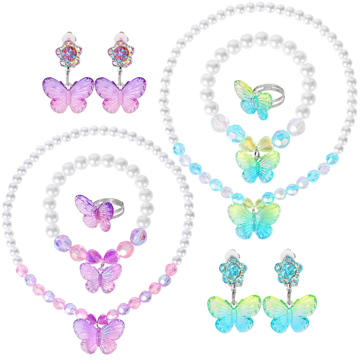 2 Sets Princess Jewelry for Little Girls, Butterfly Kids Jewelry Set, Stretch Necklace Bracelets, Rings and Clip on Earrings Perfect for Dress Up, Birthday Parties