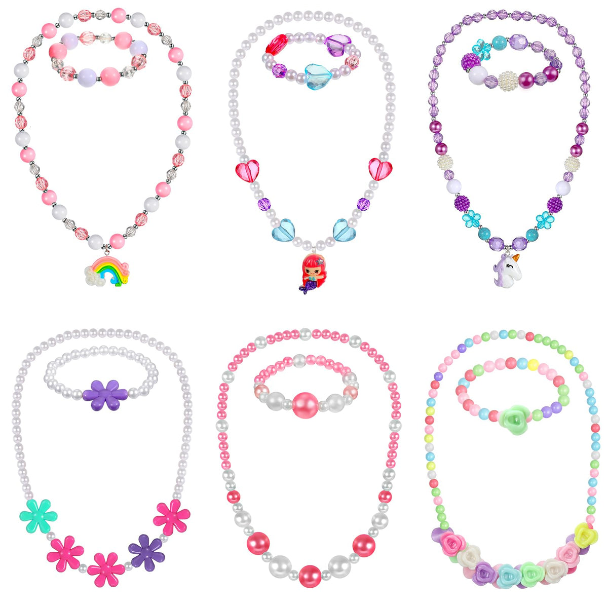 Sumind 6 Sets Toddler Jewelry for Little Girls, Beaded Gift, Flower Style