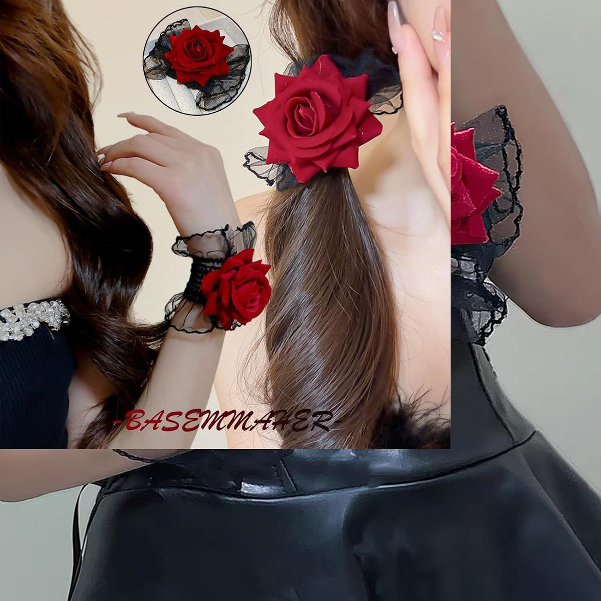 LUNROUG Gothic Rose Lace Gloves, Black with Wine Red Flower, 1 Pair