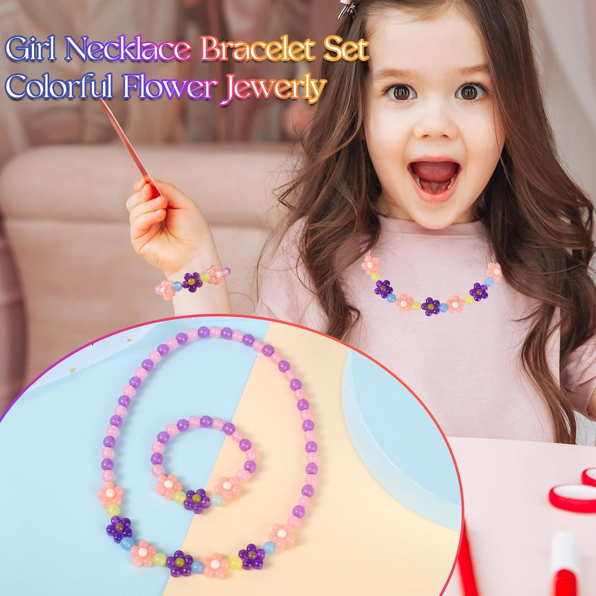 Girls Jewelry Set - Cute Flower Beads Necklace Bracelet-Toddler Girls Flower Jewelry - Stretchy Chunky Costume Jewelry Present Toy-Purple