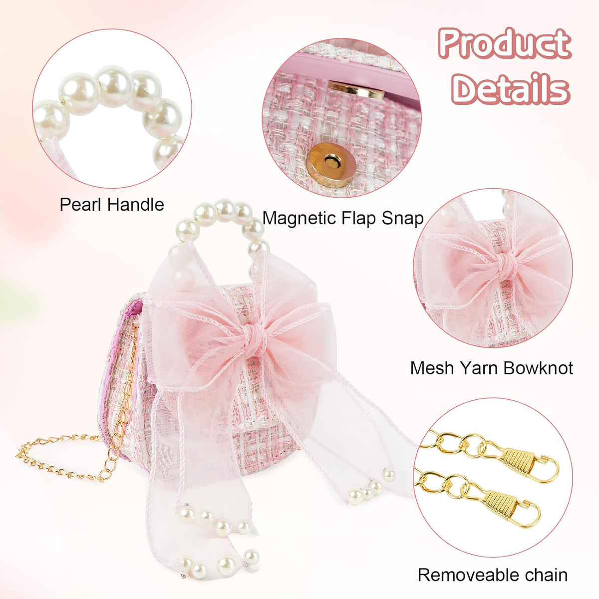 Cute Crossboby Purse with Bowknot Shoulder Bag for Little Girls, Girls Kids Fashion Handbags with Pearl Handle