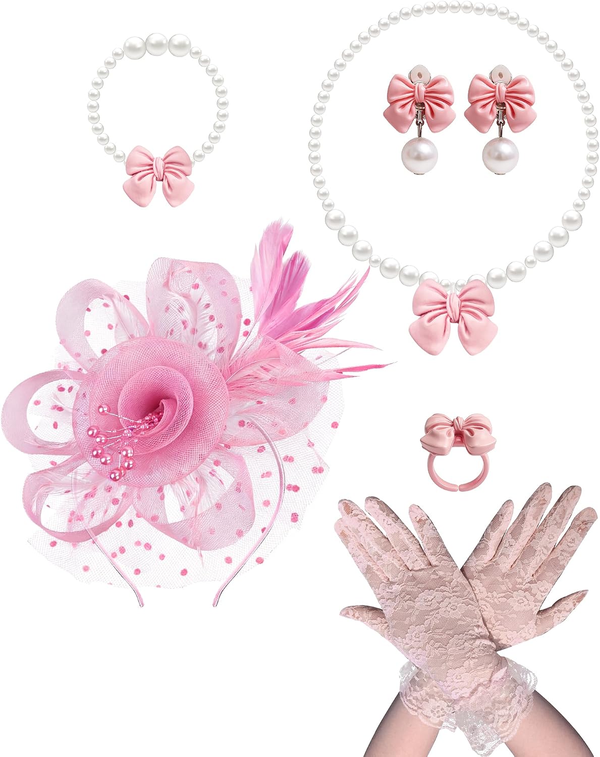 Girls Tea Party Fascinators Hats Set Tea Party Headband Lace Glove Pearl Necklace Set for Tea Party Wedding Accessories