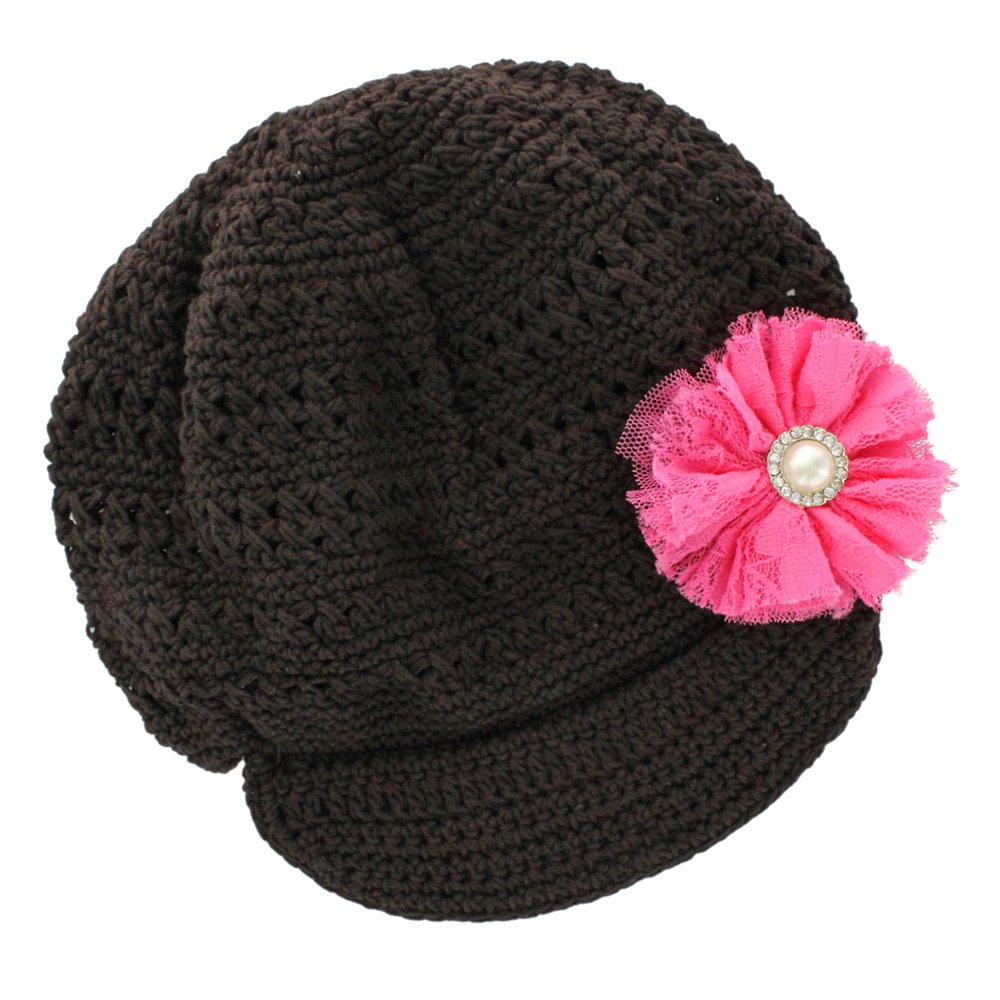 My Lello Little Girl's Newsboy Crochet Beanie Hat with Vintage Lace/Tulle Flower