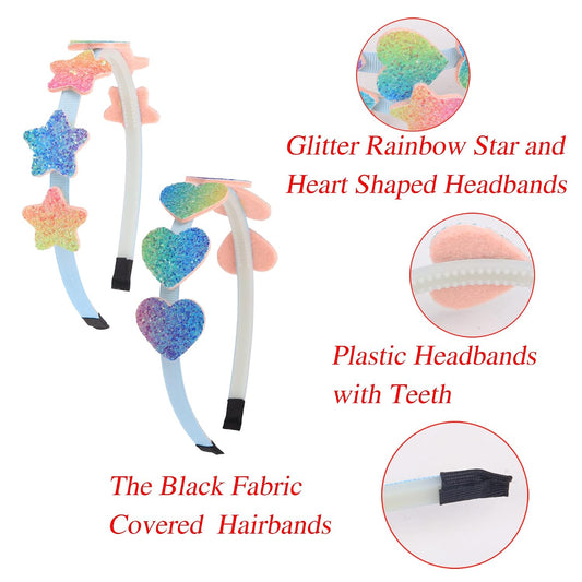 XIMA 8pcs Girls Glitter Headbands, Sparkly Heart Star Kids Hair Bands