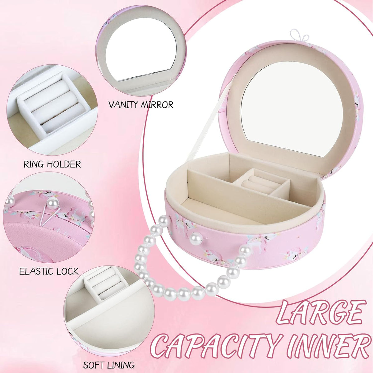 Princess Jewelry Box for Girls with Hair Accessories,Girls Hair Clips Bows Set, Fashion Hair Styling Kit with Mirror,Pink Sparkle Trinket Box Includes Hair Clips (Flower)