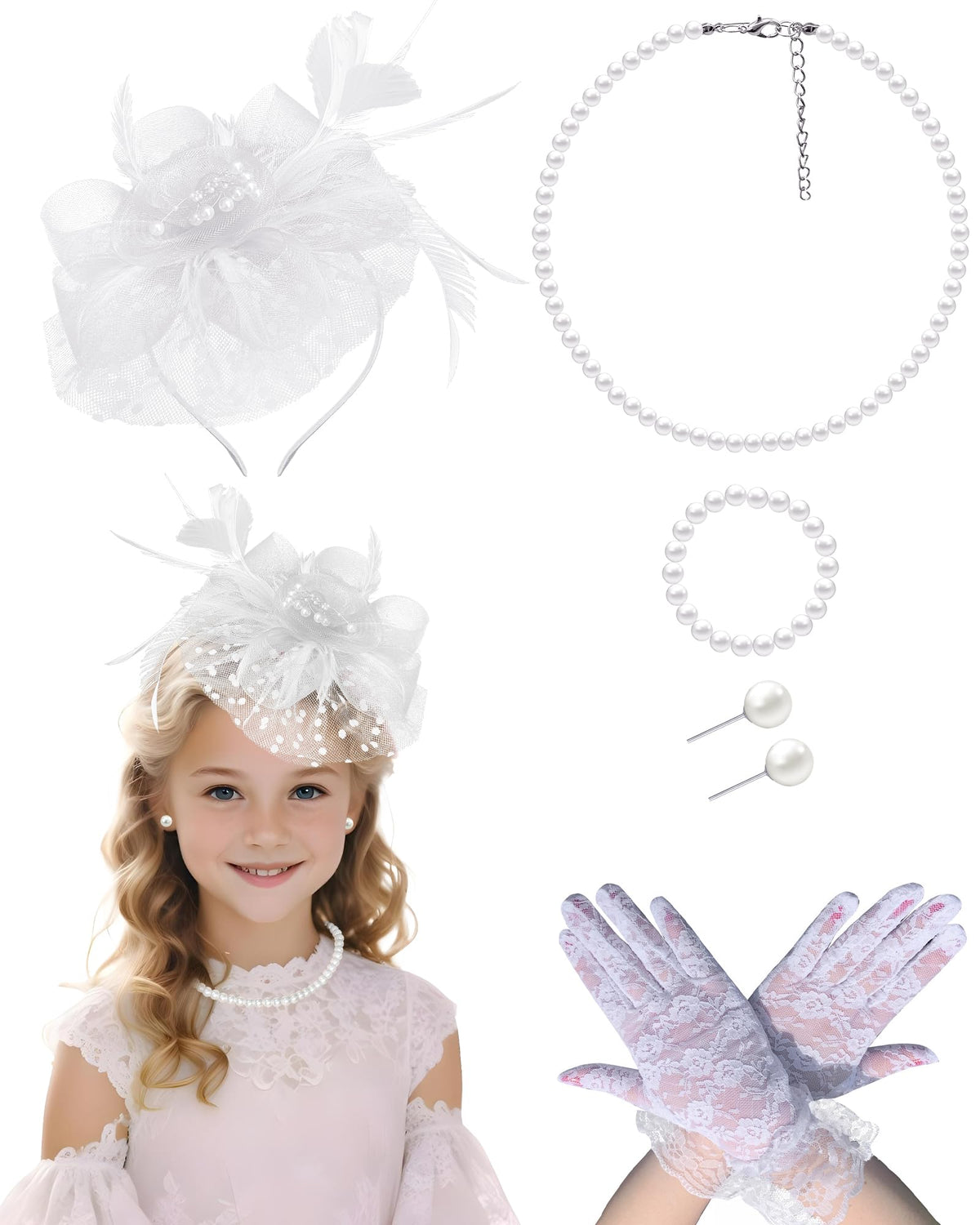 Girls Tea Party Fascinators Hats with Lace Gloves Pearl Necklace Earring Jewelry for Tea Party Wedding Accessories