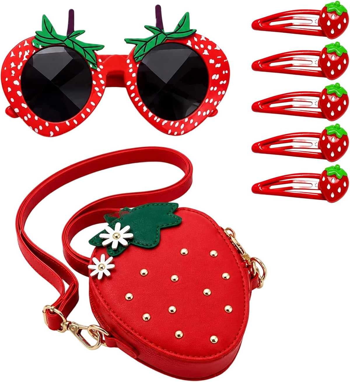 Strawberry Purse Accessory Set with 5 Red Hair Clips, 1 Red Strawberry Glasses, and 1 Red Bag,Daily Accessory Carrying, Special Occasion Styling