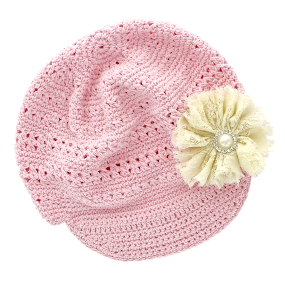My Lello Little Girl's Newsboy Crochet Beanie Hat with Vintage Lace/Tulle Flower