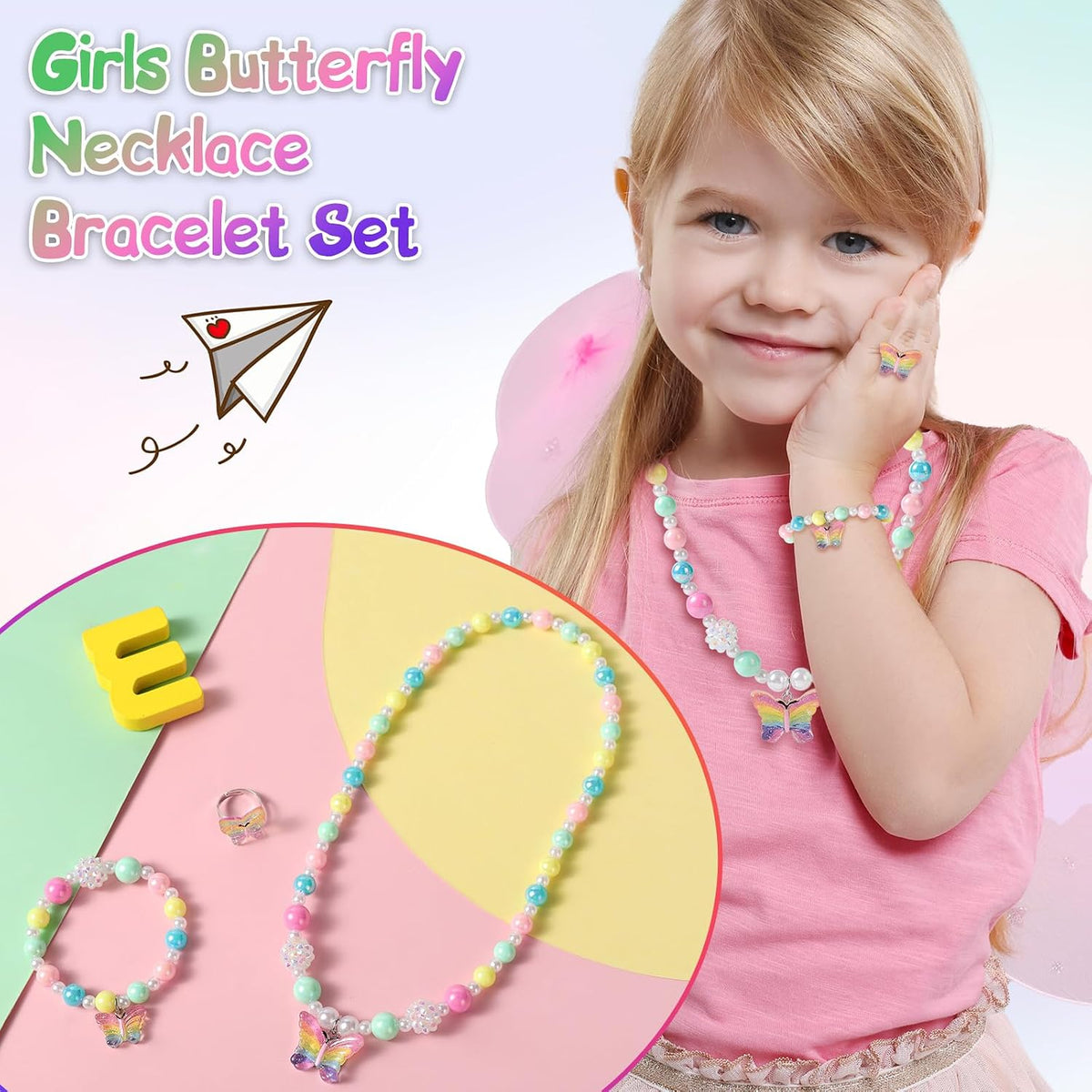 Girls Crystal Butterfly Jewelry Set - Toddler Butterfly Necklace Girls Pretend Plasy Toy Jewelry Set with Bead Necklace, Bracelet and Ring - Play Accessories - Ages 3+ Girl Birthday Gifts-Style 1