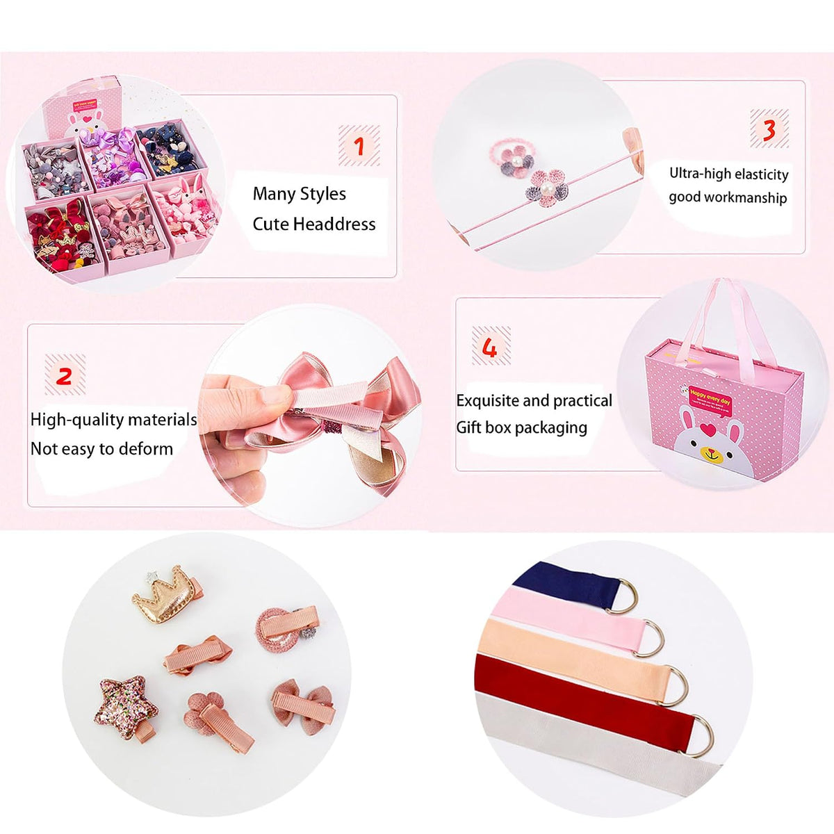 18 Pcs Cute Kids Hair Accessories Bow Elastic Hair Bands Toddler Hair Clips Various Styles Girls Hair Accessories With Organizer and Gift Box Suitable for Girls Baby Teenage Use