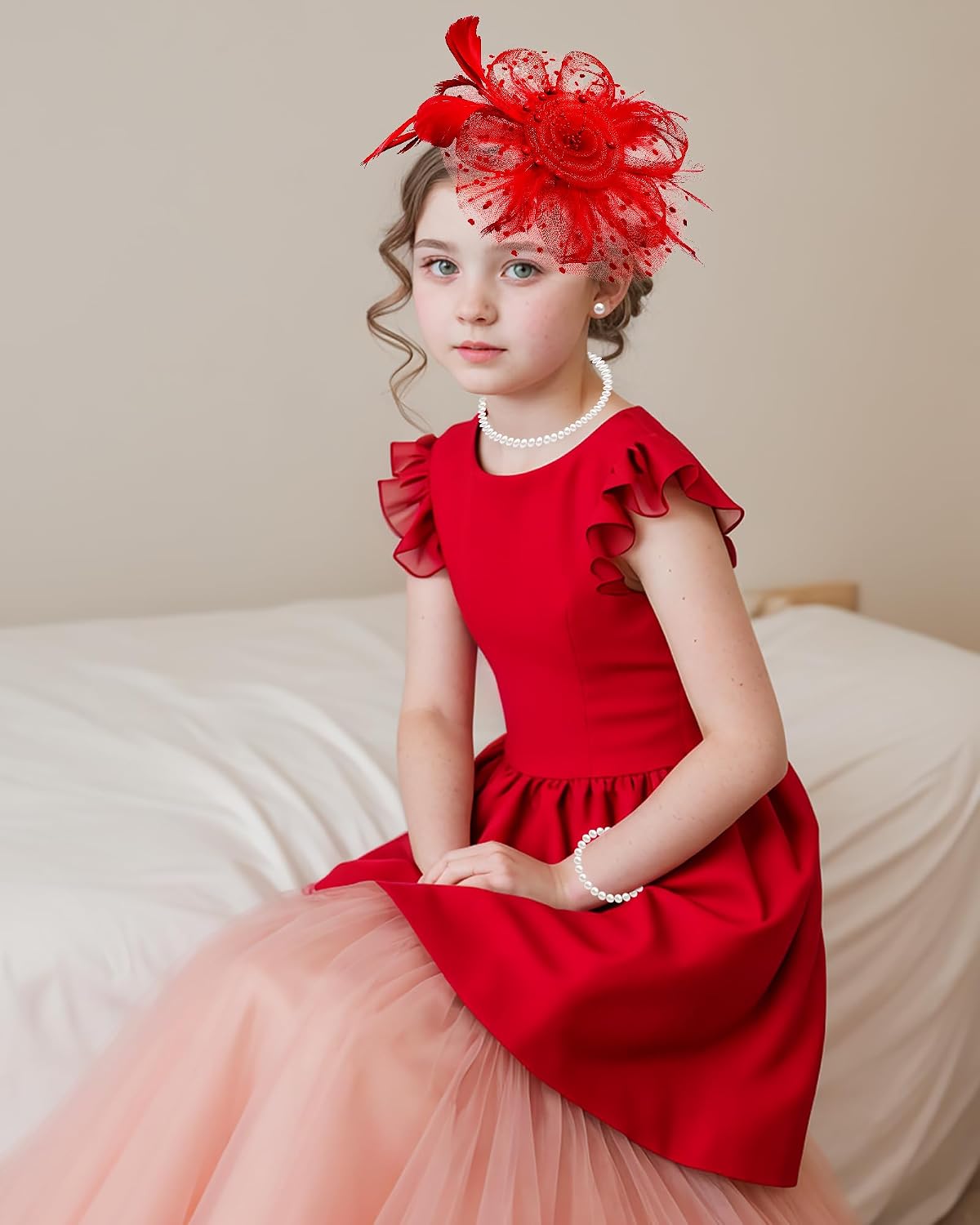 Girls Tea Party Fascinators Hats with Lace Gloves Pearl Necklace Earring Jewelry for Tea Party Wedding Accessories