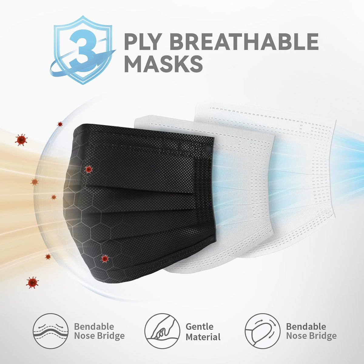 Disposable Face Masks 100 Pack, 3-Ply Breathable Masks with Soft Comfortable Earloops, Adjustable Nose Clip for Office, Travel, School & Public Use, Black