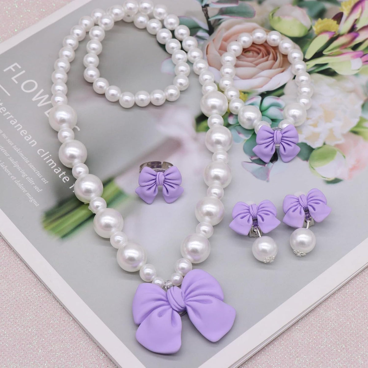 Princess Jewelry for Little Girls, Handmade Bow Pearl Kids Jewelry Set, Stretch Necklace Bracelets Rings and Clip on Earrings, Perfect for Dress Up, Birthday Parties, and Costume Play