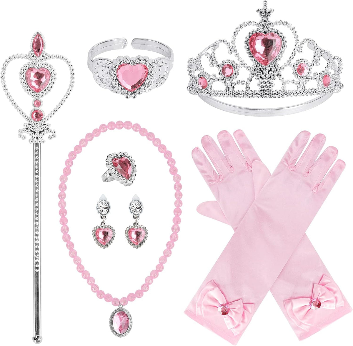 Cocojeci Princess Dress Up Party Accessories for Princess Costume Gloves Tiara Wand Necklace Earrings Bracelet and Ring Gift Set 9pcs (Pink, Set of 7, 9pcs)