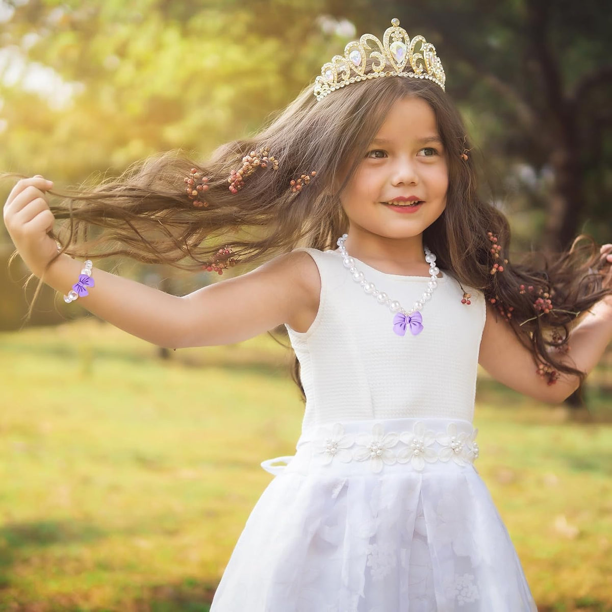 Princess Jewelry for Little Girls, Handmade Bow Pearl Kids Jewelry Set, Stretch Necklace Bracelets Rings and Clip on Earrings, Perfect for Dress Up, Birthday Parties, and Costume Play