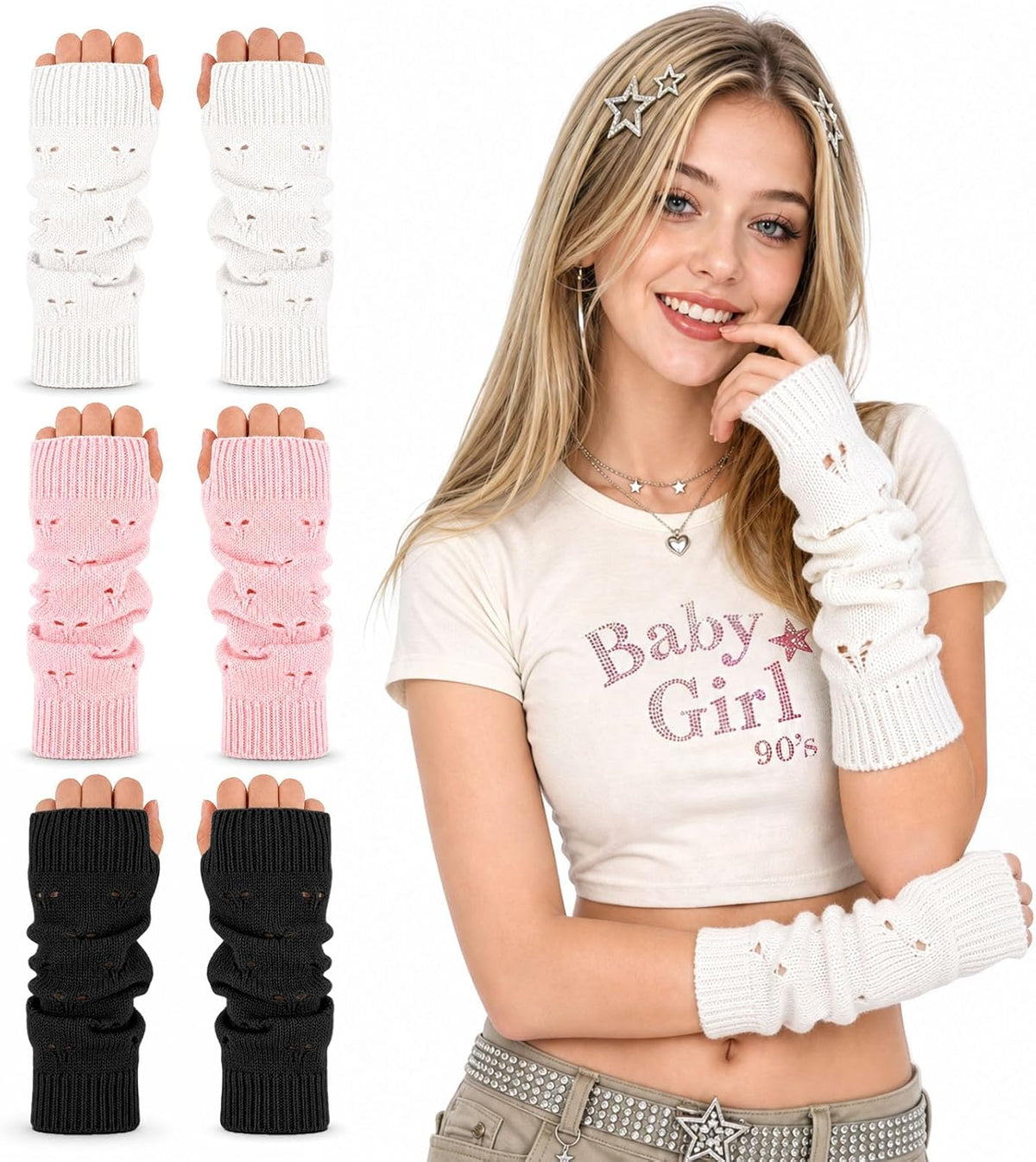 3 Pack Y2K Fingerless Arm Warmers Gloves for Women