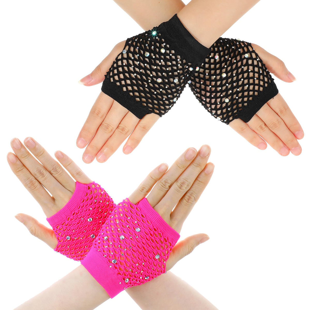 Lusofie 2 Pairs Short Kids Fishnet Gloves Fingerless with Rhinestone for Women girls Fingerless Gloves for 80s 90s Halloween
