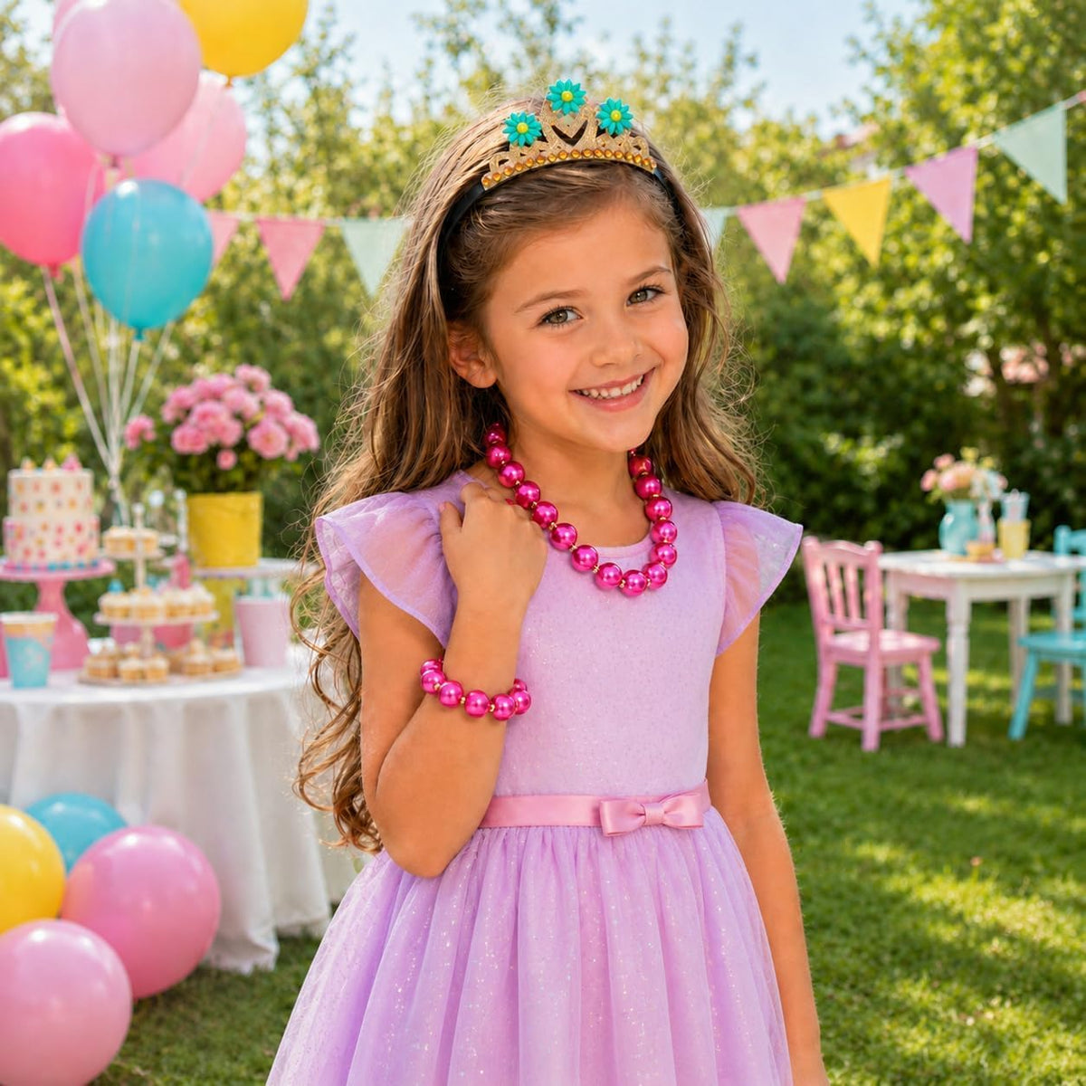 Girls Dress Up Jewelry Set, Teal Daisy Crown Headband with Pink Pearl Necklace and Bracelet, Princess Costume Accessories