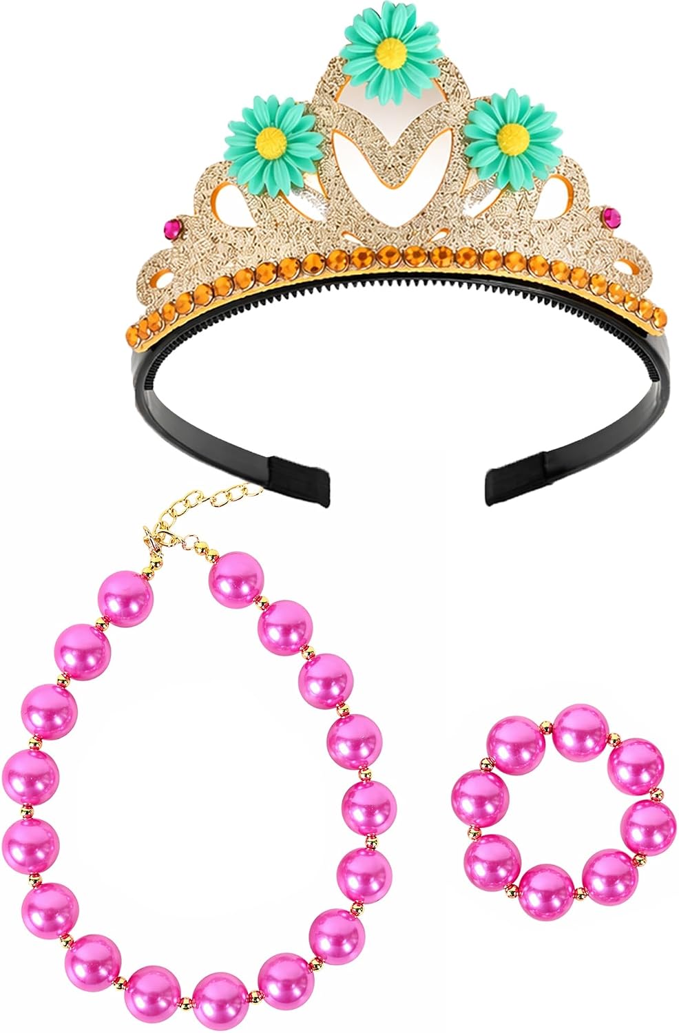 Girls Dress Up Jewelry Set, Teal Daisy Crown Headband with Pink Pearl Necklace and Bracelet, Princess Costume Accessories