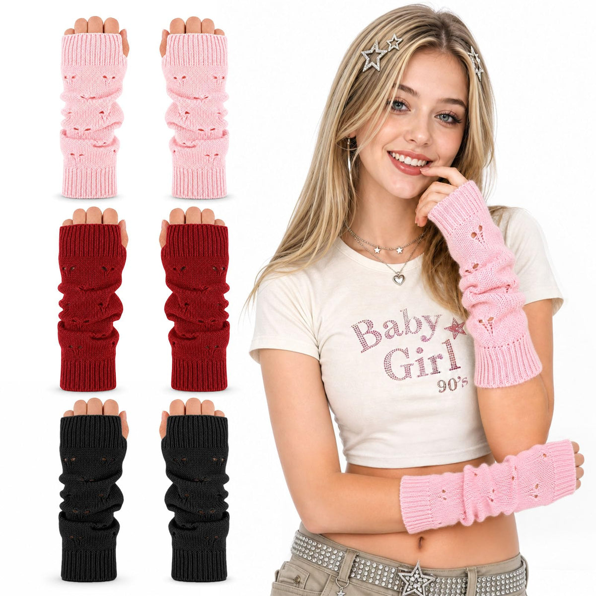 3 Pack Y2K Fingerless Arm Warmers Gloves for Women