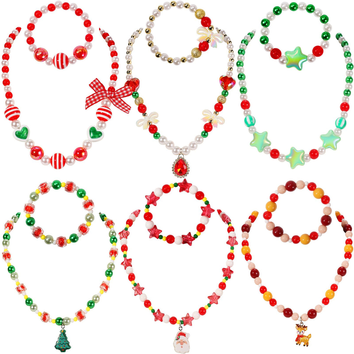 PinkSheep Kids Classic Jewelry, 6 Sets of Beaded Necklaces and Bracelets for Girls, Favors Bags for Girls Jewelry (Classic)