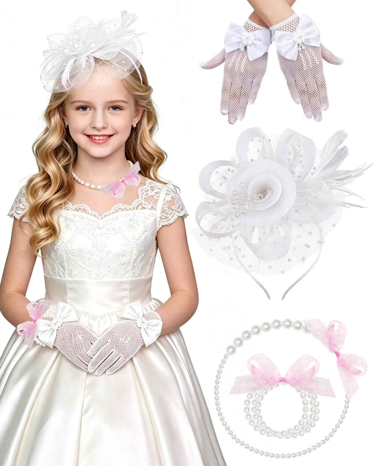 Girls Tea Party Fascinators Hats Lace Gloves Pearl Necklace Set for Wedding 1920s Tea Party Accessories
