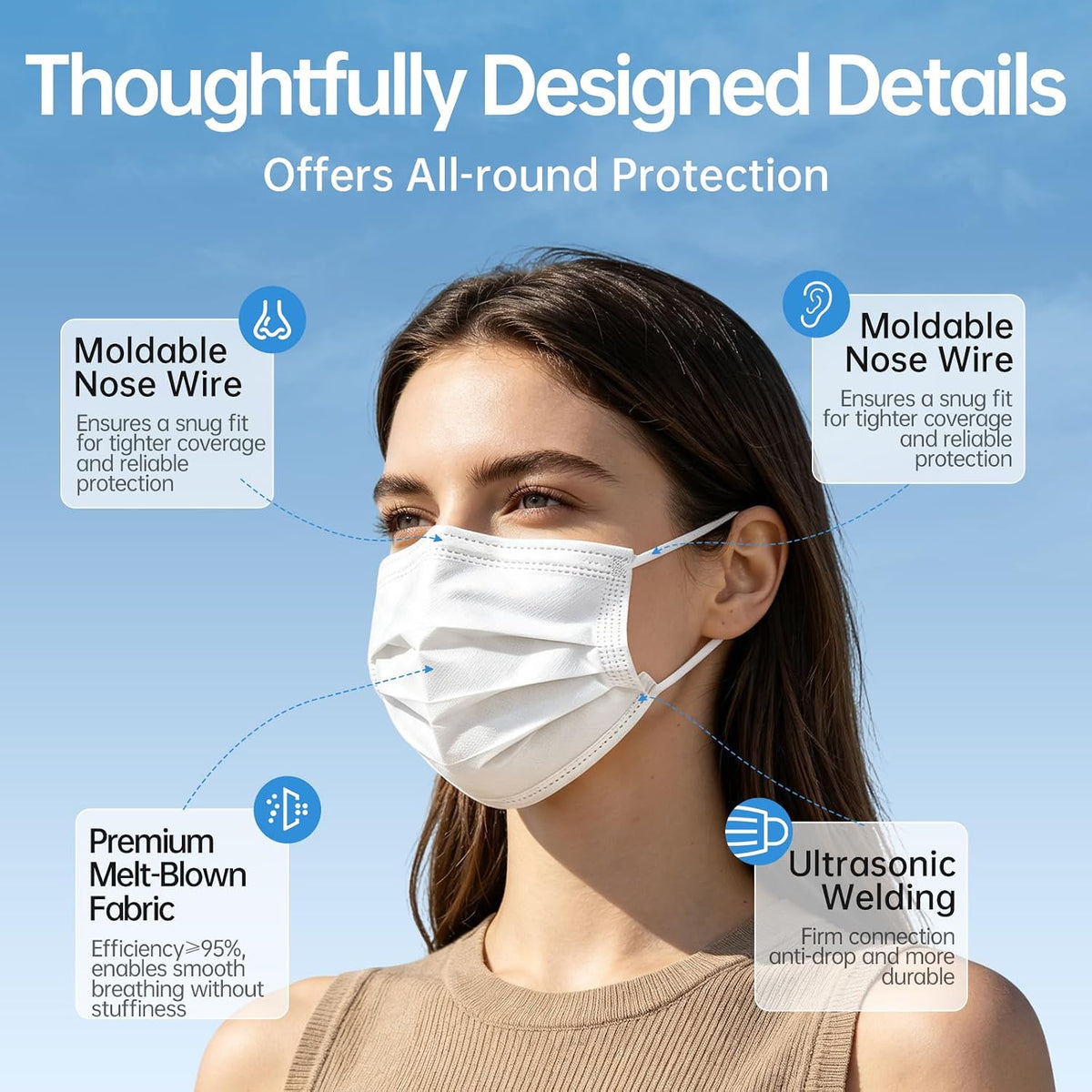 Disposable Face Masks 50Pcs, 3-Ply White Protection Masks, Breathable Mask For Adults Daily Use