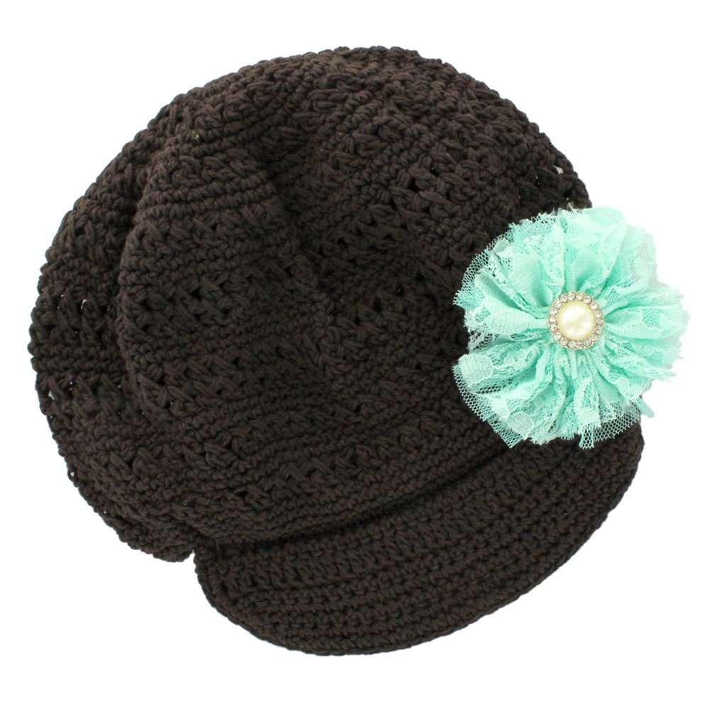 My Lello Little Girl's Newsboy Crochet Beanie Hat with Vintage Lace/Tulle Flower