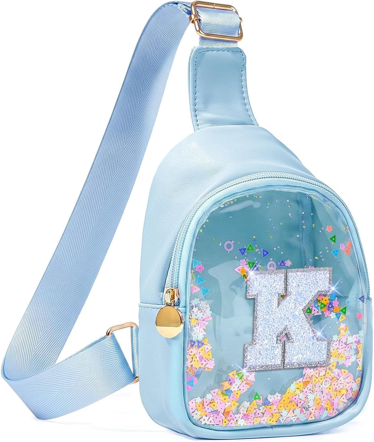 COSHAYSOO Personalized Christmas Birthday Gifts Burr Basket Stuffers for Girls Blue Purse Sling Bag Crossbody Girl Cute Funny Cool Mini Travel Fashion Accessories Monogrammed Initial Letter K