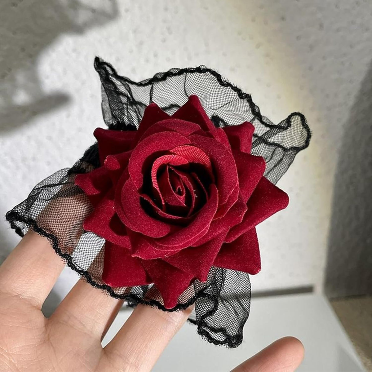 LUNROUG Gothic Rose Lace Gloves, Black with Wine Red Flower, 1 Pair