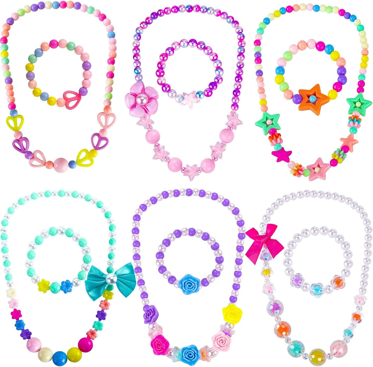 BigOtters 6 Sets Girls Necklace Bracelet, Colorful Bead Jewelry