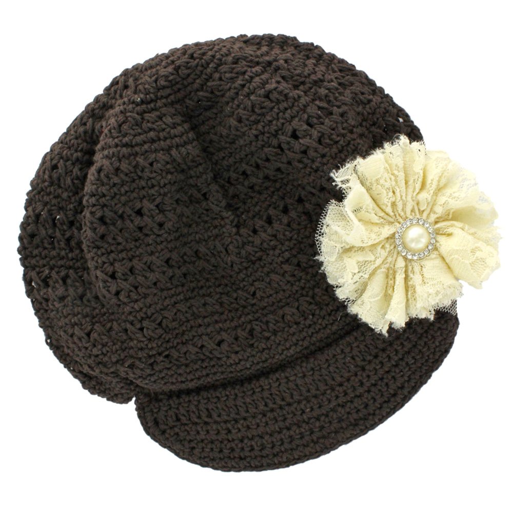 My Lello Little Girl's Newsboy Crochet Beanie Hat with Vintage Lace/Tulle Flower