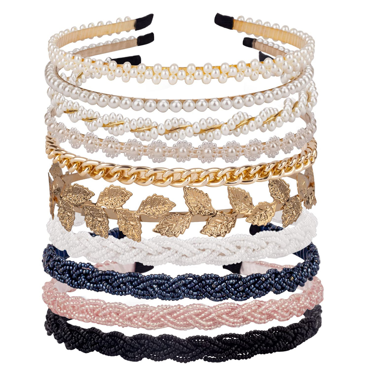 LYroo Cute Pearl Headbands Beaded Headband Metal Head Bands No Slip Fashion Hair Accessories for Women Girls,10 Pack