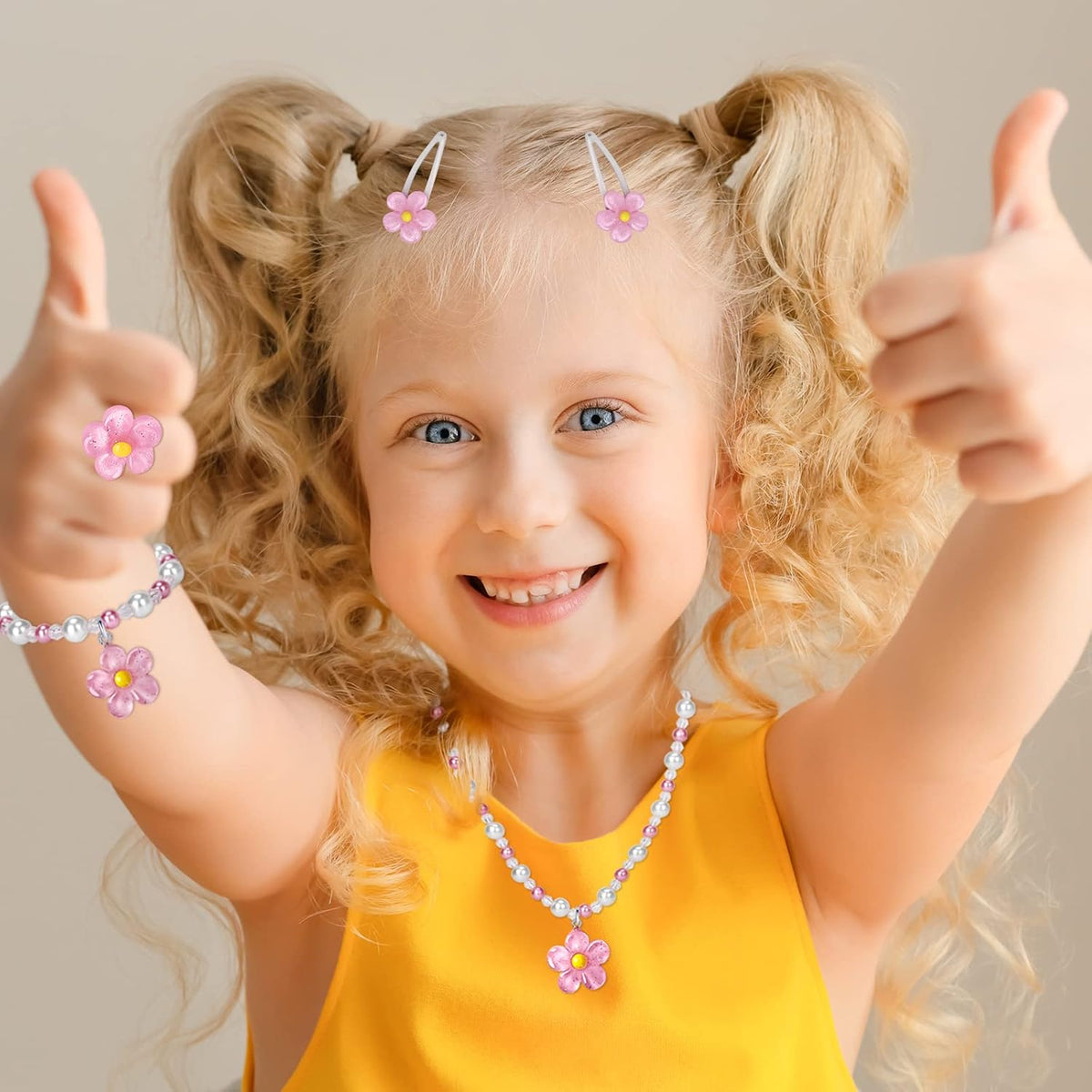 BGSHEMNI Girls Flower Jewelry Set - Toddler Dress up 5 Piece Pretend Plasy Toy Jewelry Box Set with Bead Necklace, Bracelet Ring and Hair Clips - Play Accessories - Ages 3+ Girl Birthday Gifts