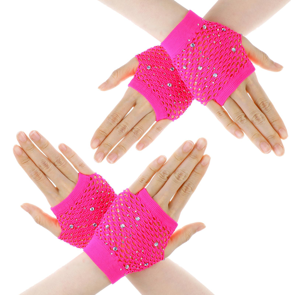 Lusofie 2 Pairs Short Kids Fishnet Gloves Fingerless with Rhinestone for Women girls Fingerless Gloves for 80s 90s Halloween