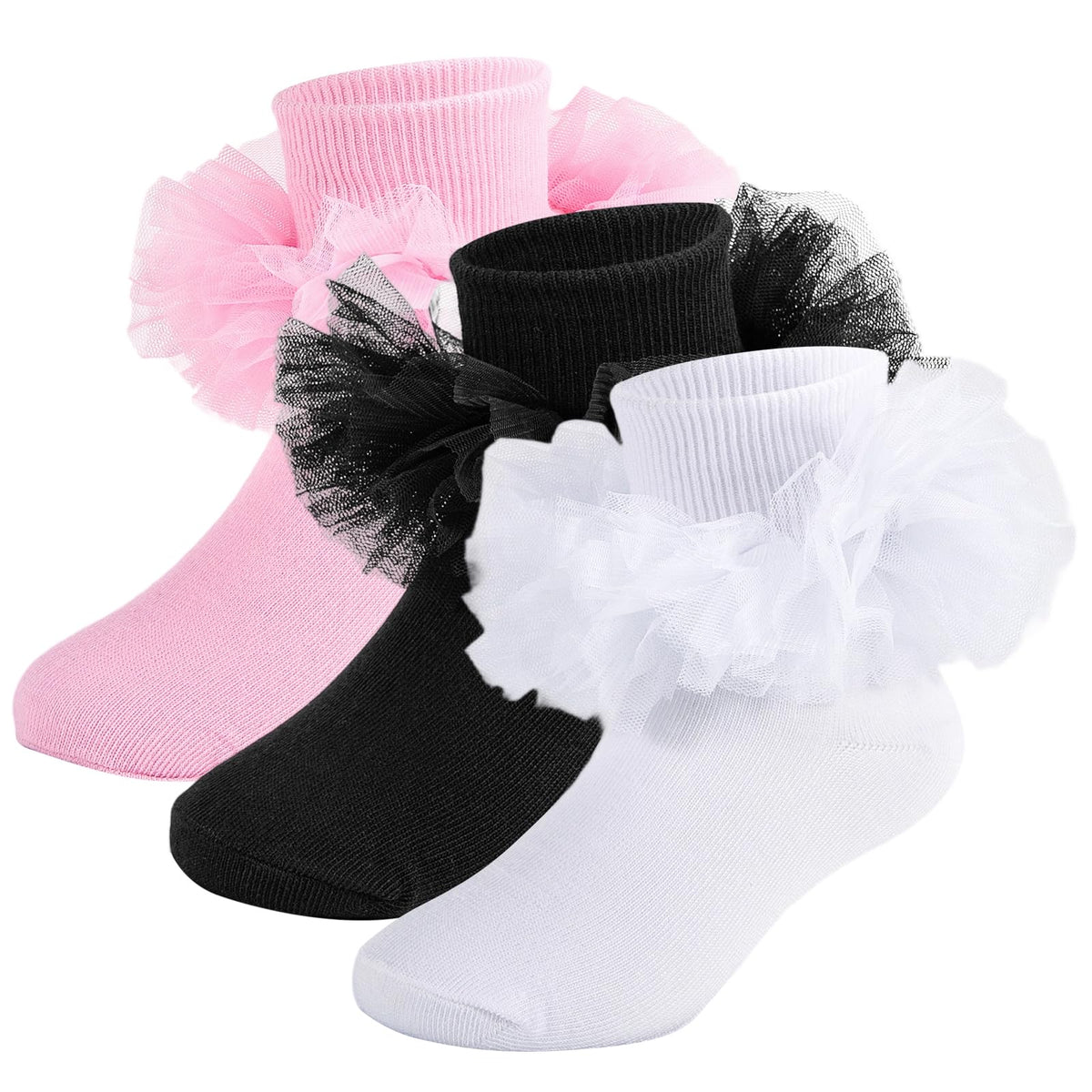 Girls Ruffle Socks Toddler Fluffy Ruffle 4-Layer Lace Dress Socks Turn Cuff Pageant Tutu Socks for Baby Girl Kids