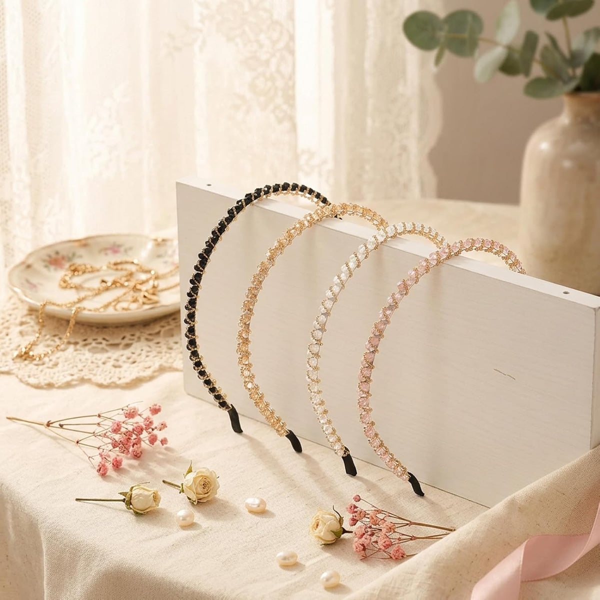 cobee 4 PCS Sparkly Headbands for women Rhinestone Headbands, Glitter Decorative Thin Hairbands Bling Beaded Hair Bands Accessories Beaded Hair Hoop for Women Girls Birthday Wedding