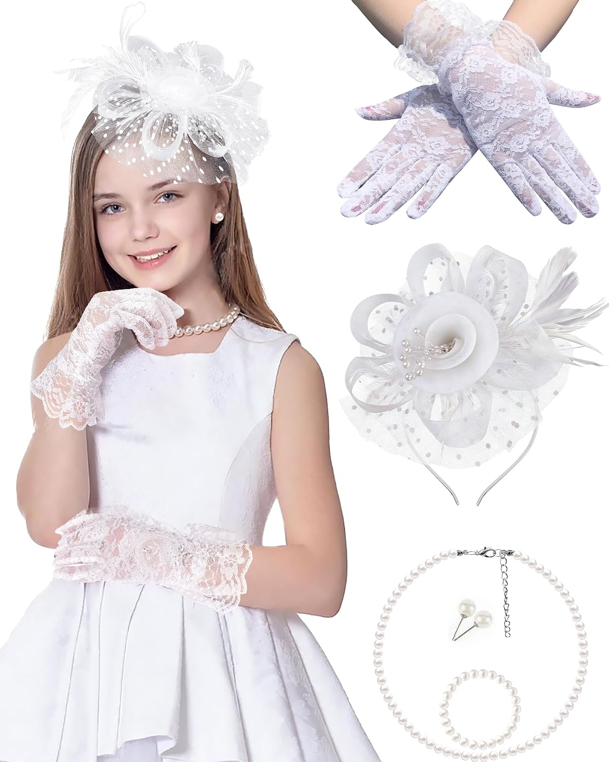 Gril Tea Party Hat Fascinators with Gloves for Church Wedding 1920s 50s Party Cosplay Accessories
