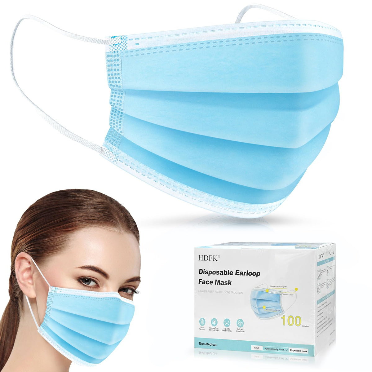HDFK Face Mask Disposable Adults 3Ply Non-Woven with Nose Clip Blue 50Pack
