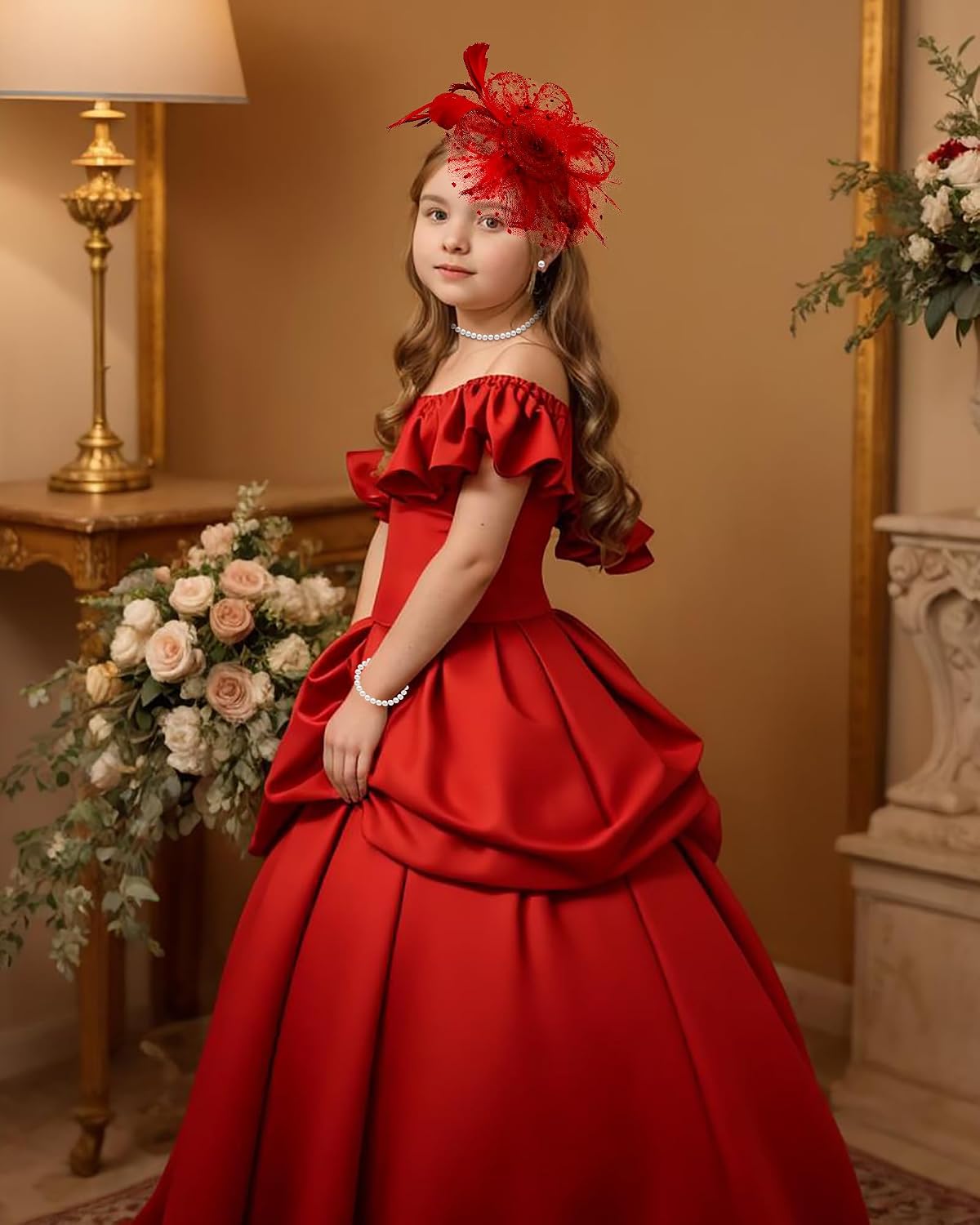Girls Tea Party Fascinators Hats with Lace Gloves Pearl Necklace Earring Jewelry for Tea Party Wedding Accessories