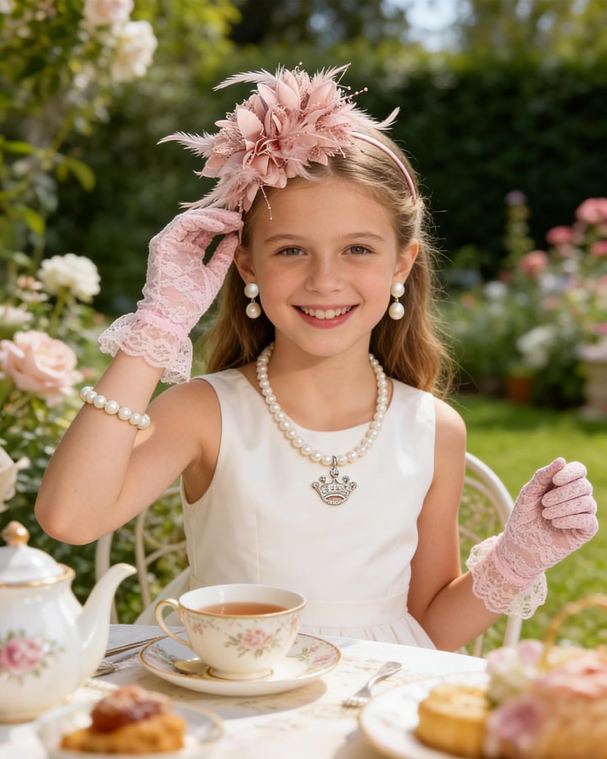 Girls Tea Party Fascinators Hats Tea Party Headband and Lace Glove Set for Girls 1920s Party