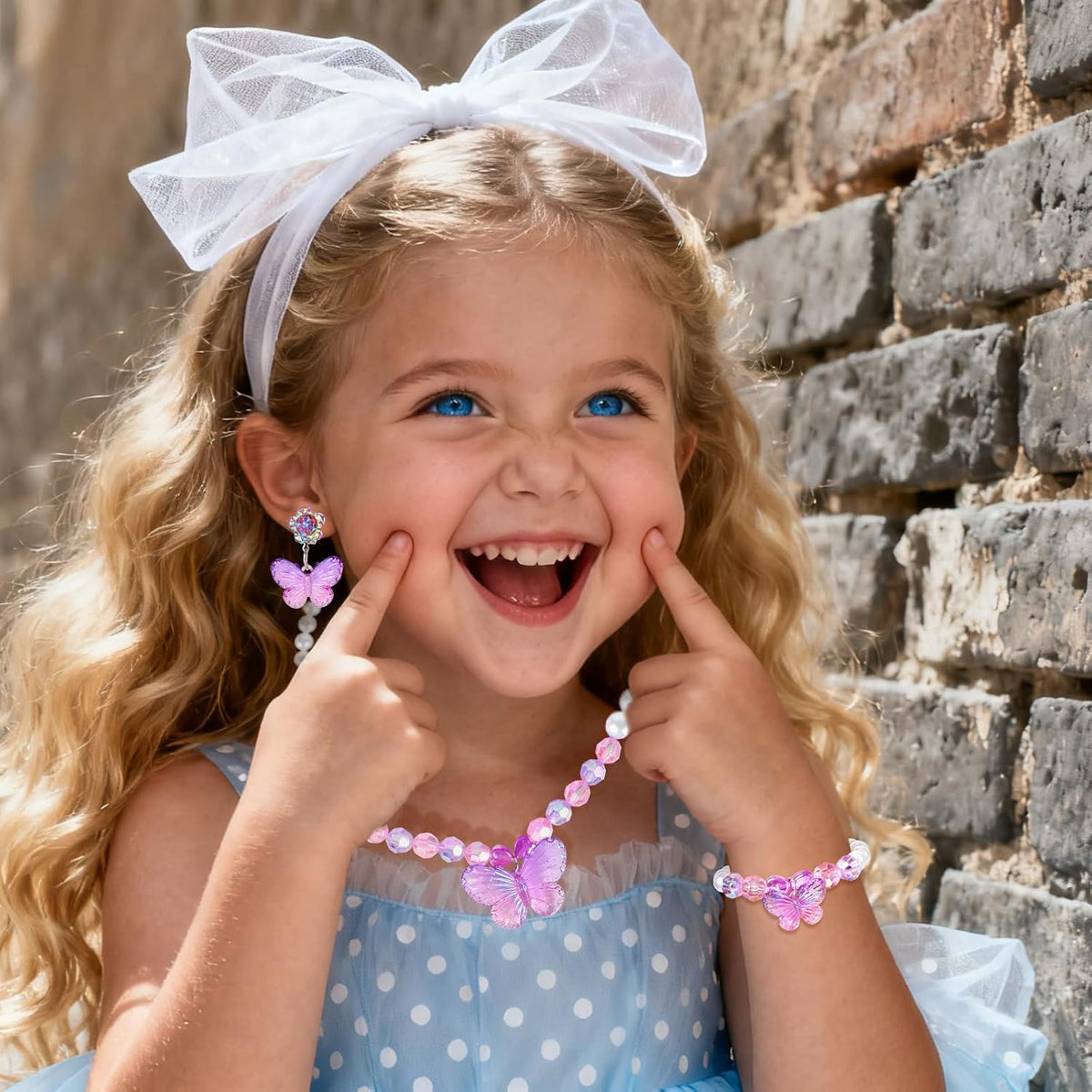 2 Sets Princess Jewelry for Little Girls, Butterfly Kids Jewelry Set, Stretch Necklace Bracelets, Rings and Clip on Earrings Perfect for Dress Up, Birthday Parties