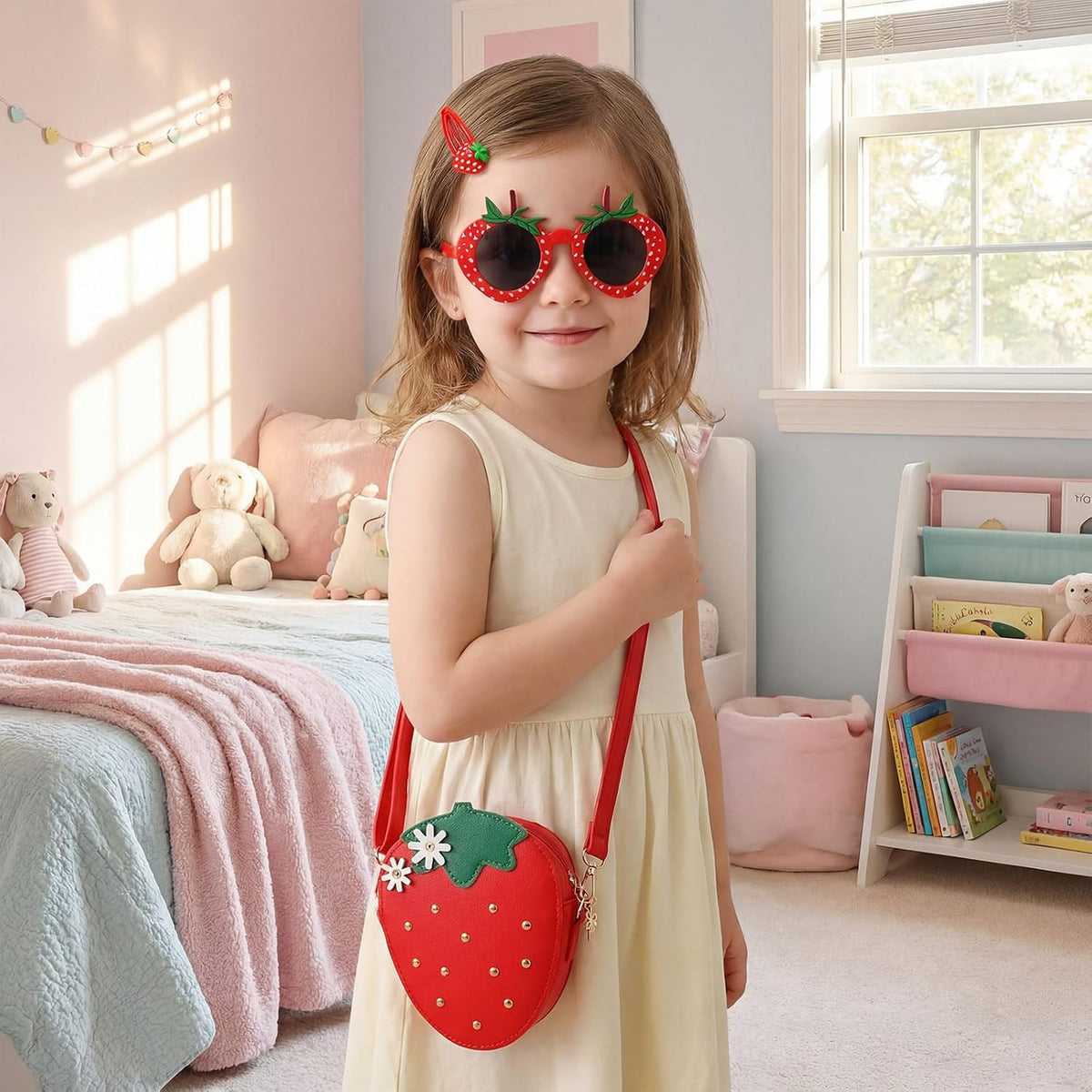 Halfchet 3 Pcs Strawberry Purse for Girls Strawberry Accessories Set Included Fruit Shaped with Rivets Sunglasses Hair Clip Birthday Gifts for Women Stuffs Fruit Accessories(Red)