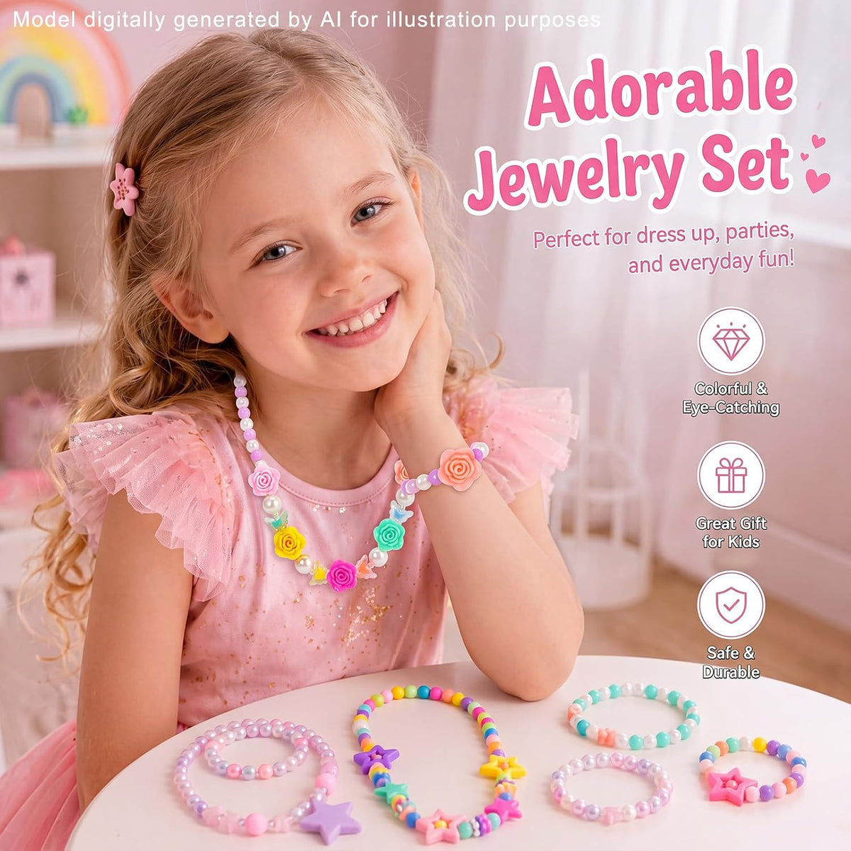 PinkSheep Kids Classic Jewelry, 6 Sets of Beaded Necklaces and Bracelets for Girls, Favors Bags for Girls Jewelry (Classic)