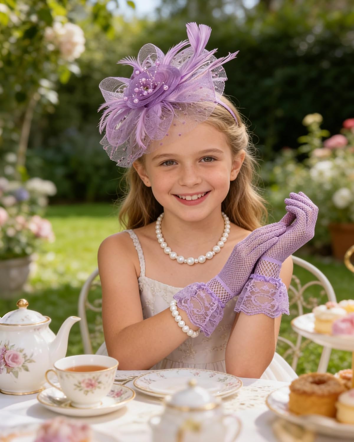 Girls Tea Party Fascinators Hats Lace Gloves Pearl Necklace Set for Wedding 1920s Tea Party Accessories