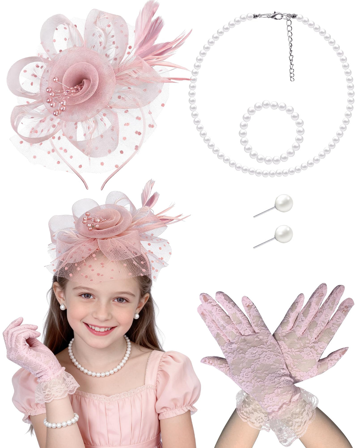 Gril Tea Party Hat Fascinators with Gloves for Church Wedding 1920s 50s Party Cosplay Accessories