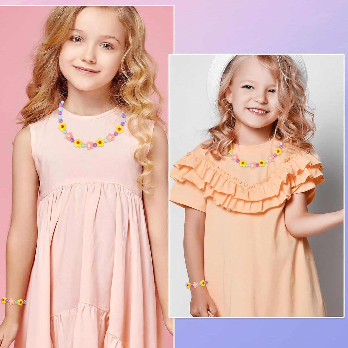 Girls Jewelry Set - Cute Flower Beads Necklace Bracelet-Toddler Girls Flower Jewelry - Stretchy Chunky Costume Jewelry Present Toy-Yellow